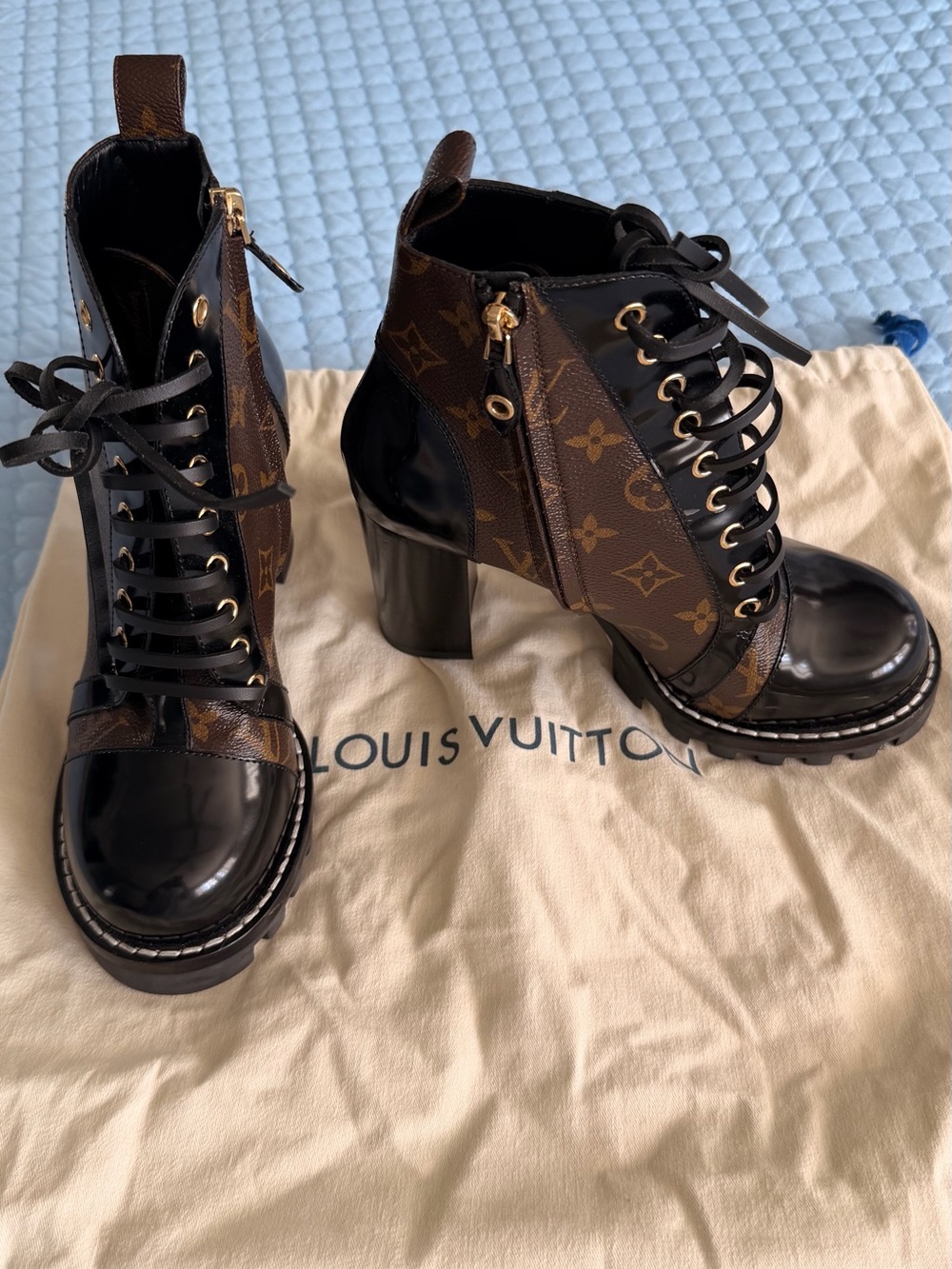 Louis Vuitton Brown Monogram & Black Patent Lace-Up Block Heel Ankle Boots